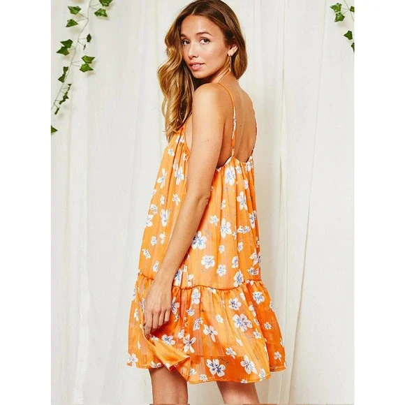 Orange Floral Babydoll Dress Spaghetti Strap Dress - Picture 3 of 4